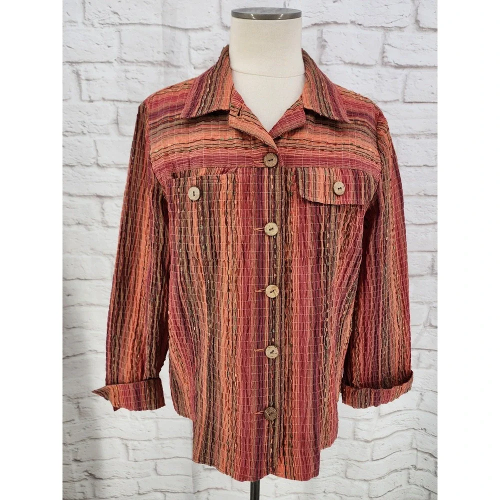 Drapers Damons Southwest Boho Top Crinkle Artsy Orange Button Up Women Large - Picture 2 of 8